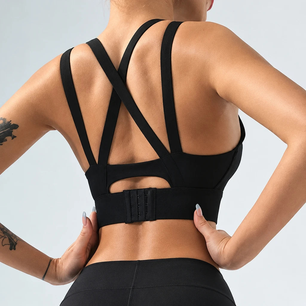 Black wireless sports bra with crisscross back straps