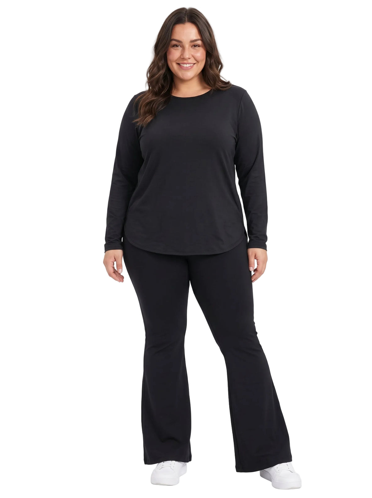 long-sleeve top and matching black flared pants 