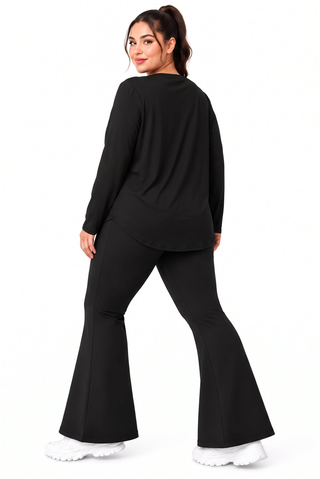 long-sleeve top and matching black flared pants 