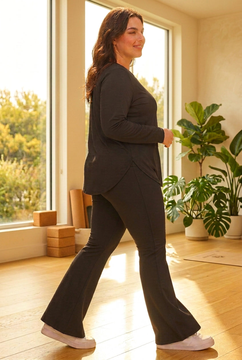 long-sleeve top and matching black flared pants 